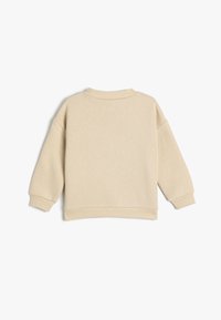 Ljus beige sweatshirt med rund hals, sänkta axlar, ribbade ärmslut och nederkant. Mjuk material med en slät yta, inga synliga mönster.