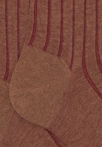 Calze marroni a coste con una striscia d'accento bordeaux, realizzate in un morbido tessuto testurizzato, con zone rinforzate per il tallone e le dita.