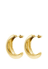 Orecchini a forma di mezzaluna color oro con superficie liscia e lucida, dotati di chiusura a pressione. Il design sottolinea linee curve e una finitura lucida.