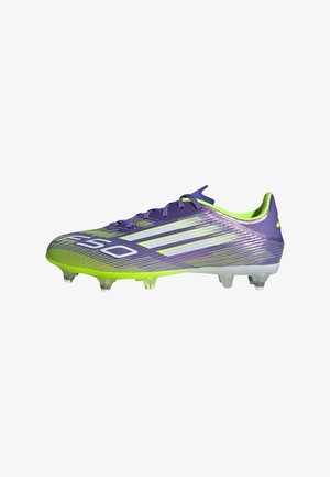Football boot with a purple and green gradient design, featuring a textured synthetic upper, three white stripes, and a molded cleat sole.
