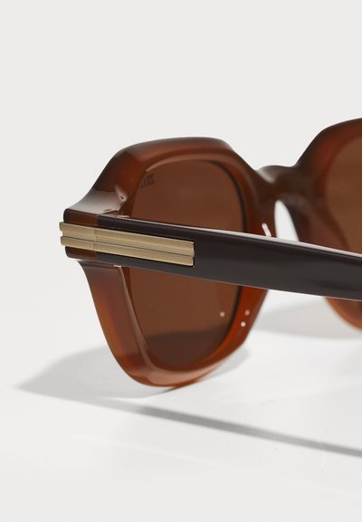 Occhiali da sole in plastica marrone con montatura esagonale, lenti scure e accenti hardware dorati a contrasto sulle tempie.