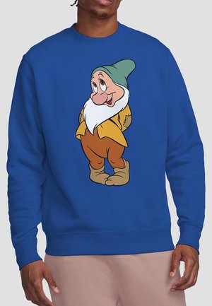 Blaues Sweatshirt mit einem Cartoon-Zwerg, der einen grünen Hut, ein gelbes Hemd und braune Hosen trägt. Der Zwerg hat einen weißen Bart und einen fröhlichen Gesichtsausdruck.
