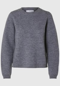 Grå sweater med rund hals, lange ærmer, ribbede manchetter og kant. Blød tekstur, enkelt design, og ingen synlige mønstre eller dekorationer.