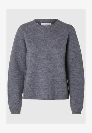 Grå sweater med rund hals, lange ærmer, ribbede manchetter og kant. Blød tekstur, enkelt design, og ingen synlige mønstre eller dekorationer.