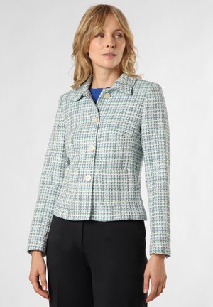 Blau-weiß kariertes Jacket aus strukturiertem Stoff, mit Kragen, Knopfverschluss und taillierter Silhouette.