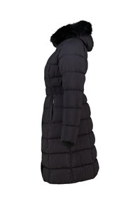 Zwarte pufferjas met een getailleerde silhouet, voorzien van een bontgevoerde capuchon, een riaage taille en een geplooid motief. Inclusief zijzakken met rits.