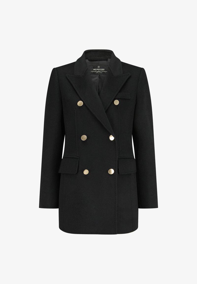 Schwarzer zweireihiger Mantel mit goldenen Knöpfen, mit eingeschnittenem Kragen, Taschen vorne und einer strukturierten Passform. Hergestellt aus strukturiertem Stoff.