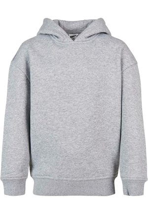 Šedá bavlněná mikina s klokaní kapsou vpředu, s kapucí na šňůrku, žebrovanými manžetami a lemem. Hladká textura, volný oversize střih, bez vzorů.
