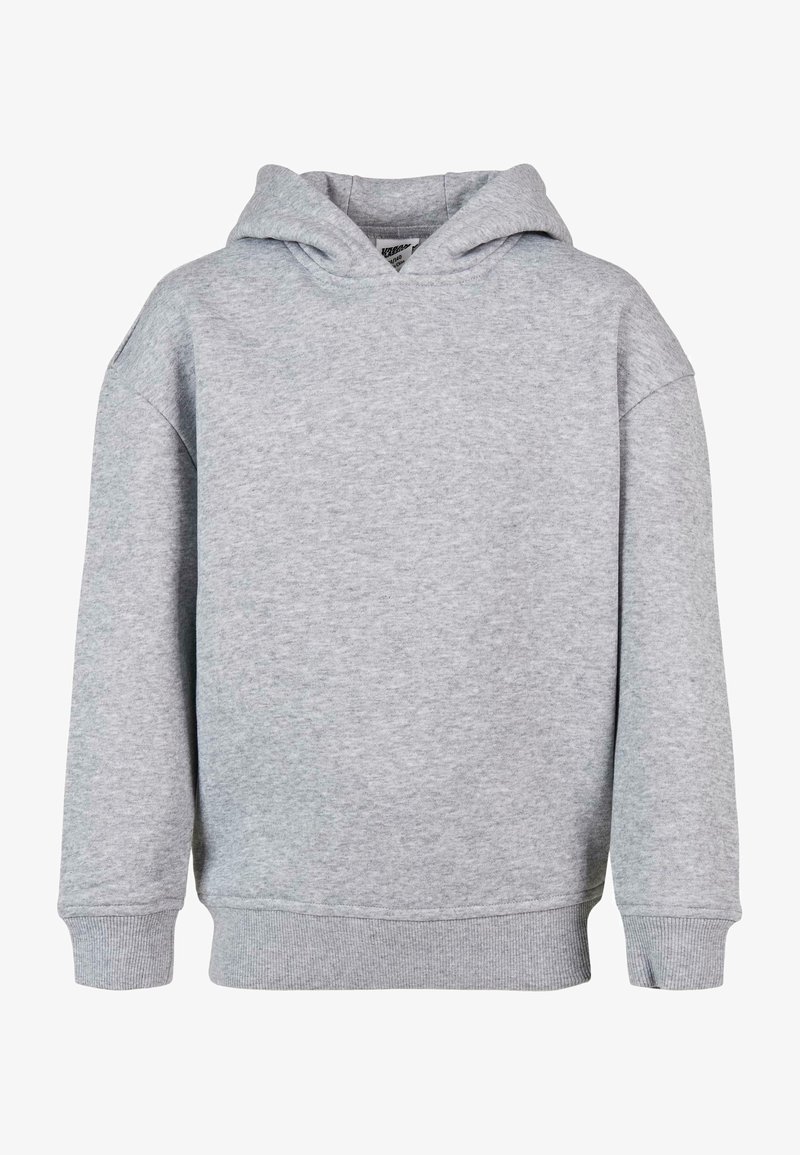 Pilkas medvilnės džemperis su priekine kengūros kišene, su raišteliu reguliuojama kapuce, gumuotais rankogaliais ir apačia. Lygus audinys, laisvo, oversized fasono, be raštų.