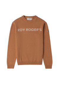 Brauner Strickpullover mit dem Schriftzug "ROY ROGER'S" in heller Farbe auf der Vorderseite, gerippten Bündchen und Saum sowie einem Patch-Detail am Ärmel.