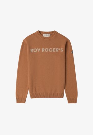 Maglione in maglia marrone con la scritta "ROY ROGER'S" in un colore chiaro sulla parte frontale, polsini e orlo a costine, con un dettaglio a patch sulla manica.