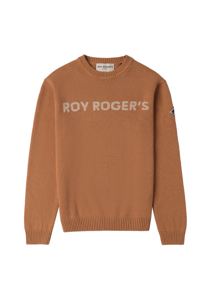 Brauner Strickpullover mit dem Schriftzug "ROY ROGER'S" in heller Farbe auf der Vorderseite, gerippten Bündchen und Saum sowie einem Patch-Detail am Ärmel.