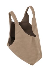 Bézs bőr bevásárlótáska széles pántokkal és aszimmetrikus kialakítással, puha tapintású, nyitott tetejű a könnyű hozzáférésért.