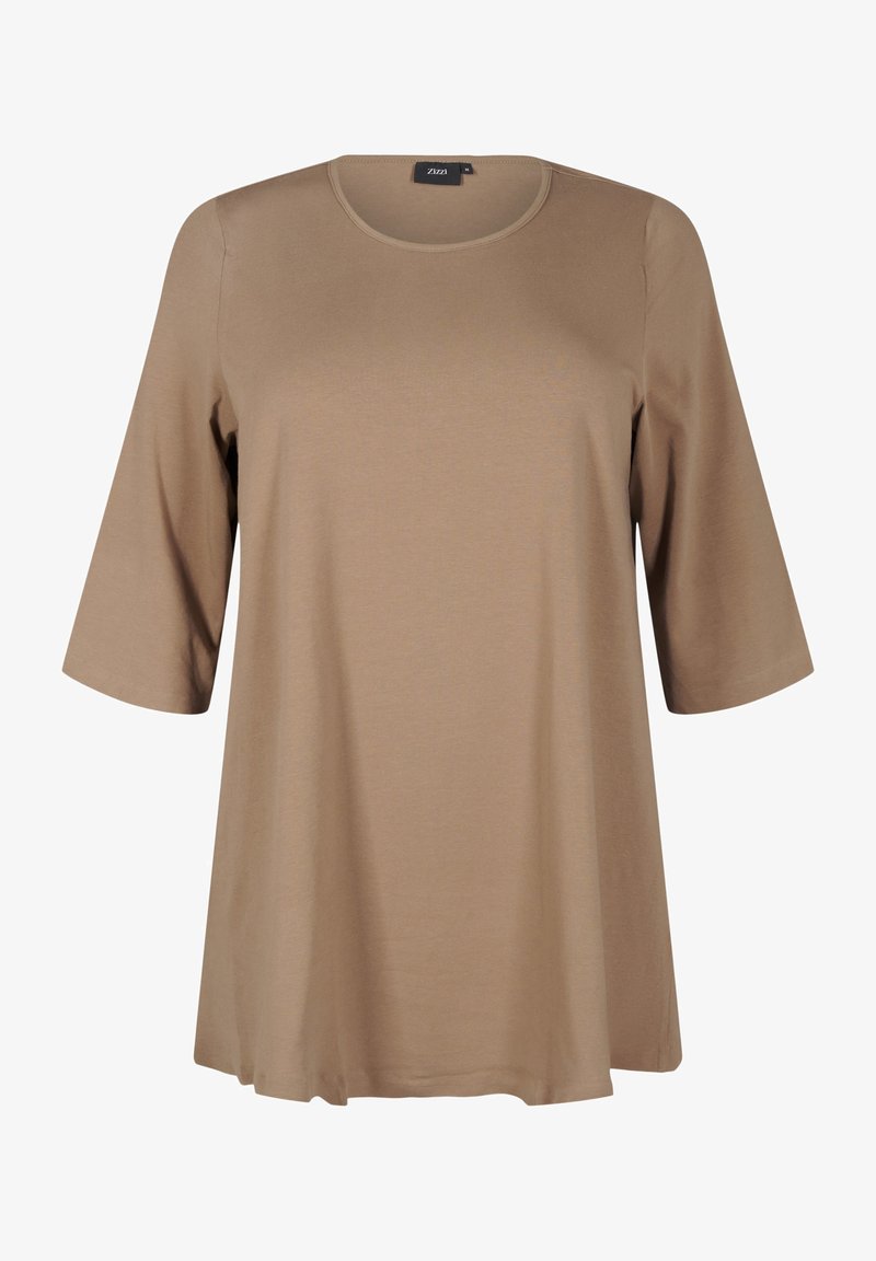 Maglia marrone a maniche corte con scollatura rotonda. Realizzata in un tessuto morbido e liscio. Design fluido con una vestibilità comoda, senza motivi o dettagli visibili.