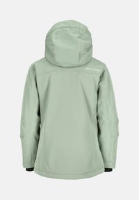 Jasnozielona kurtka z kapturem, długimi rękawami, widocznymi szwami i logo "Swedemount" na górnej części pleców, pokazana od tyłu.