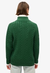 Zielony dziany sweter z teksturowanym wzorem warkocza, wysokim kołnierzem i ściągaczami na mankietach. Na plecach znajduje się metka.