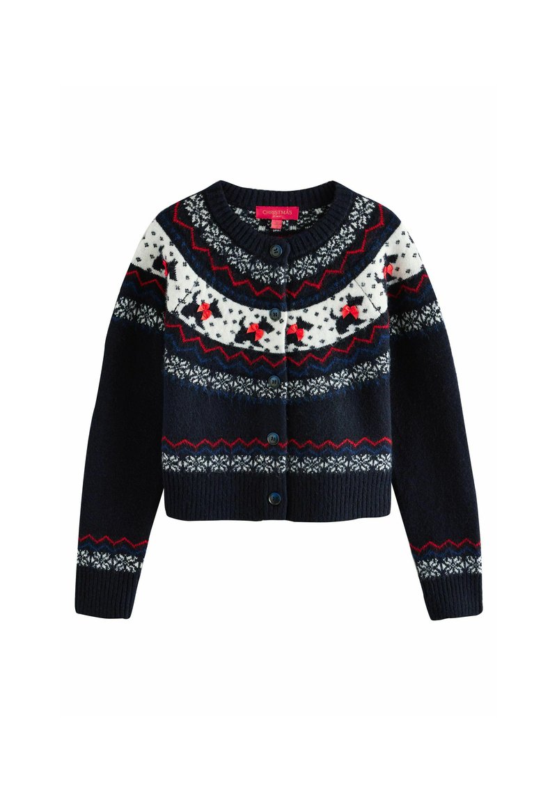 Navy blue cardigan with a Fair Isle pattern featuring white snowflakes and red bows. Ribbed neckline, cuffs, and hem; button closure.