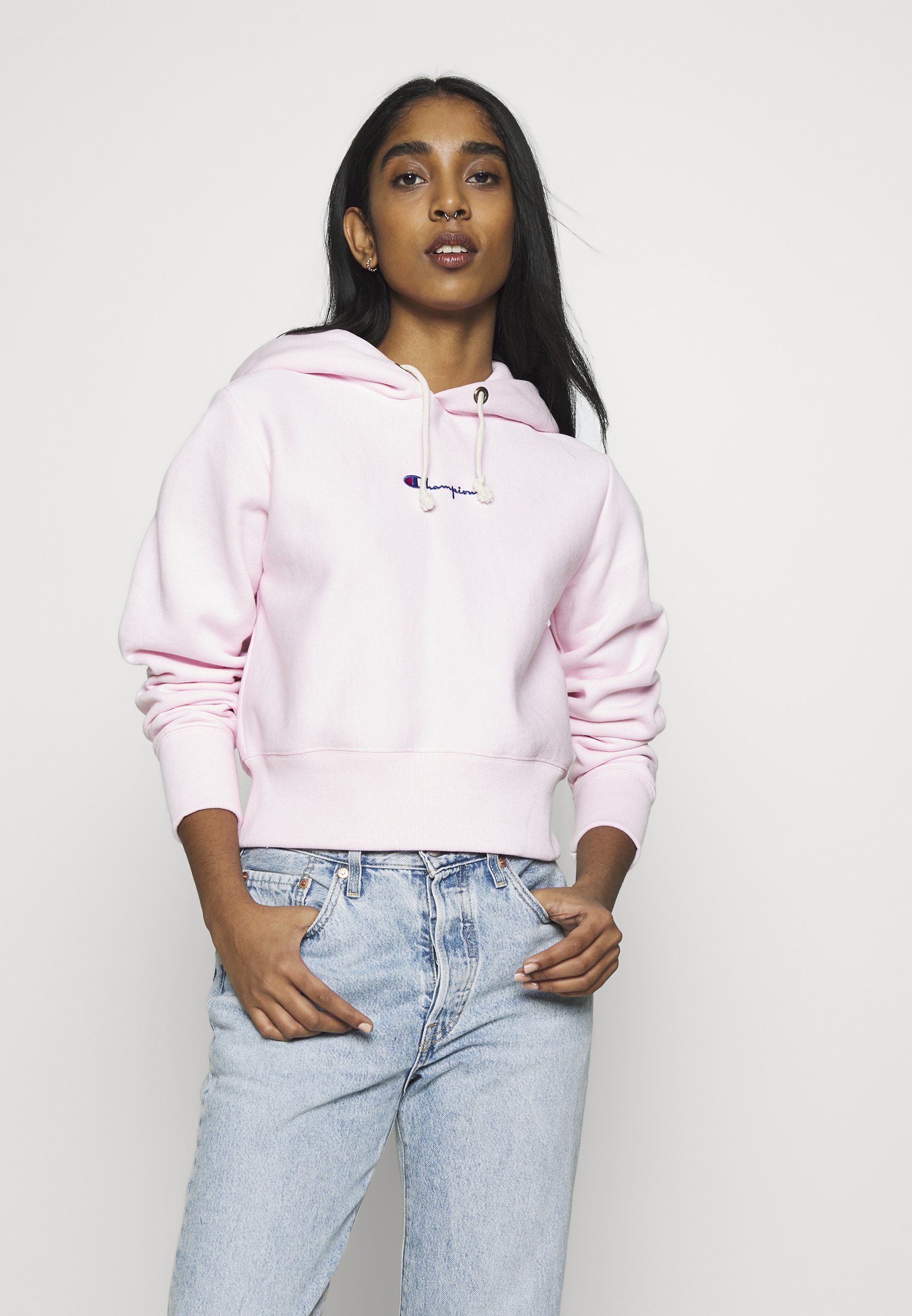 champion reverse weave small c light pink hoodie