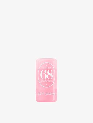Pink cylindrical container of Sol de Janeiro Cheirosa 68 jelly perfume balm with white text and rounded edges on a white background.