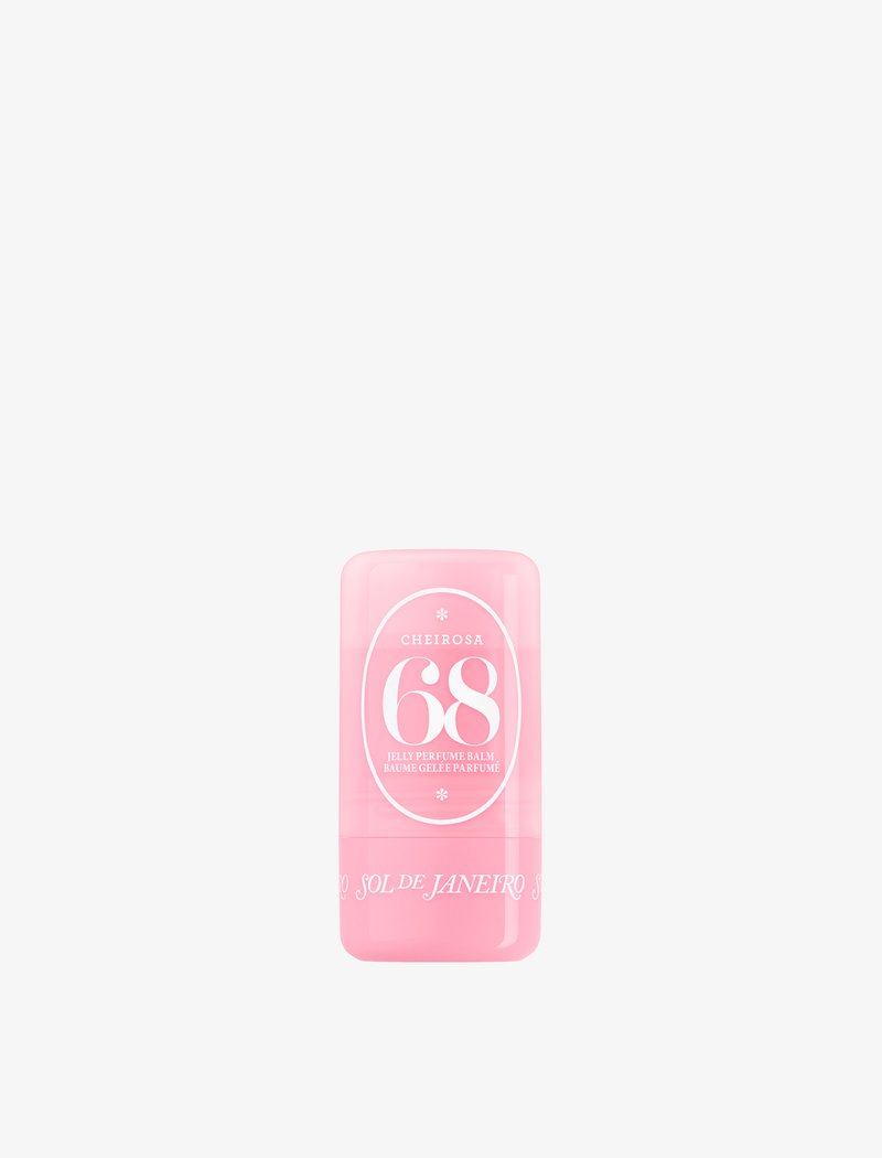 Rosa cylindrisk behållare för Sol de Janeiro Cheirosa 68 jelly parfymbalm med vit text och rundade kanter på vit bakgrund.