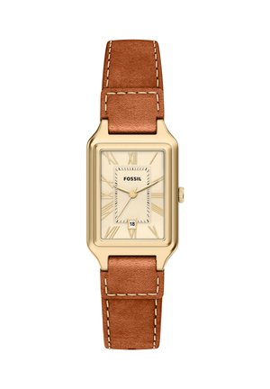 Goldene rechteckige Uhr mit beigem Zifferblatt, römischen Zahlen, Datumsanzeige bei sechs Uhr und braunem Lederarmband mit weißen Nähten.