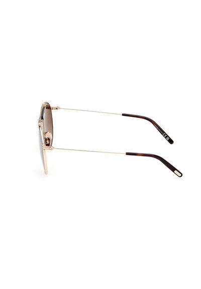 Sluneční brýle se zlatým kovovým rámem a hnědými tónovanými skly, s elegatními nožičkami a koncovkami v želvovinovém vzoru a nastavitelnými nosními podložkami.