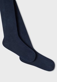 Chaussettes bleu marine en tissu lisse, présentant un design uni sans motifs. Longueur standard avec renfort au niveau des orteils et du talon.