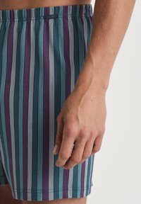 Gestreepte boxers met een mix van teal, paars en witte kleuren. Elastische tailleband; zachte stoftextuur; heeft een minimalistisch merklabel.