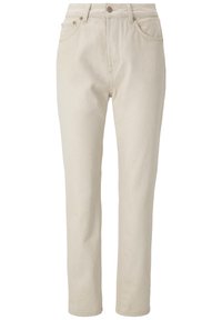 Jean beige à jambe droite en coton avec une surface lisse, comportant une fermeture à bouton, des passants de ceinture et un design à cinq poches.