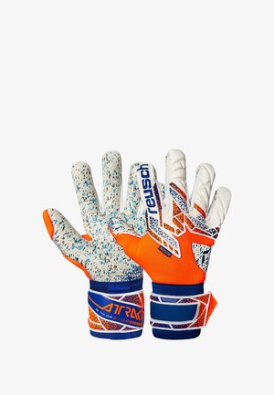 Guanti da portiere con palmo in lattice bianco e blu maculato, corpo in tessuto arancione e blu, e fasce regolabili per i polsi.