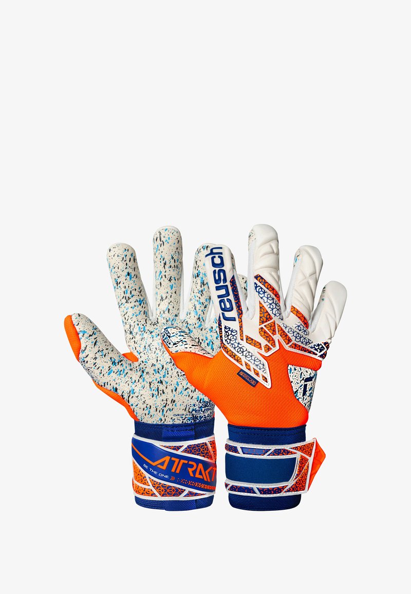 Guanti da portiere con palmo in lattice bianco e blu maculato, corpo in tessuto arancione e blu, e fasce regolabili per i polsi.