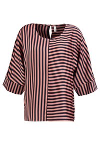 Haut à manches courtes présentant un mélange de rayures horizontales roses et bleu marine. Le tissu est lisse avec une coupe carrée et un col arrondi.