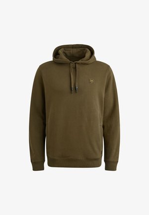 Olijfgroene hoodie met een voorste kangoeroezak, verstelbare trekkoordcapuchon, ribgebreide manchetten en een kleine stoffen logotag op de borst.