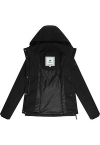 Veste d'extérieur noire avec capuche, équipée d'une fermeture éclair et de pressions, doublée texturée, et avec une étiquette logo au centre à l'intérieur.