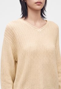 Personne aux cheveux courts et foncés portant un pull beige texturé à col en V, montrée des épaules jusqu'au milieu de la poitrine.