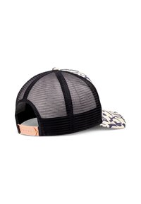 Cappellino nero con rete sul retro e visiera curva, caratterizzato da un frontale decorato in crema e blu navy. Cinturino regolabile in plastica sul retro.