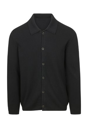 Black ribbed cardigan with a collar, front button closure, long sleeves, and subtle branding on the shoulder.