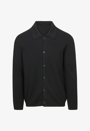 Schwarze gerippte Strickjacke mit Kragen, Knopfleiste vorne, langen Ärmeln und dezentem Branding auf der Schulter.