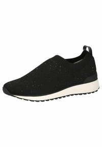 Črne slip-on športne teniske z teksturiranim pletenim zgornjim delom, ki vsebuje perforacije, oblazinjenim belim podplatom in črnimi gumijastimi podplati.