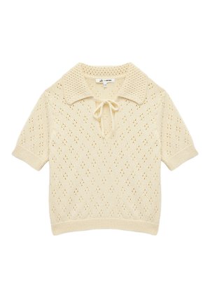 Kurzärmliger Strickpullover in cremigem Beige mit kragenförmigem Ausschnitt, Spitzenmuster, Knoten-Detail und gerippten Bündchen und Saum.