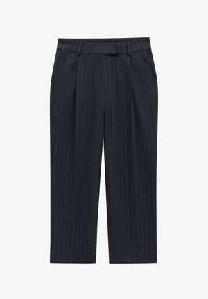 Navy blue tailored trousers with thin white pinstripes, featuring a flat front, side pockets, and a standard waistband cut.