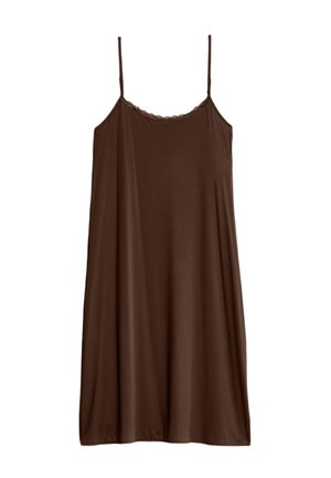 Vestido deslizante marrón con tirantes finos y un escote de encaje. Tejido suave y ligero con una silueta en A para mayor comodidad.