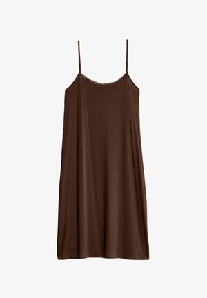 Abito marrone senza maniche con spalline sottili e scollatura in pizzo. Tessuto morbido e leggero con silhouette ad A per garantire comfort.