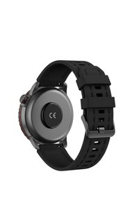 Black smartwatch with silicone strap, metal buckle, round sensor on back, and side buttons, shown from the rear angle.
