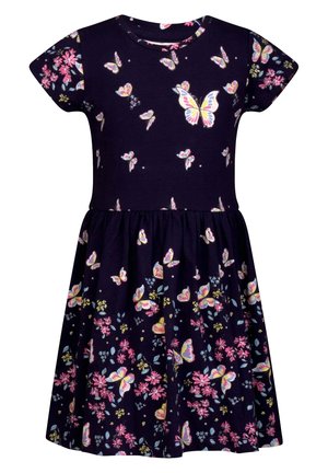 Marineblaues Kurzarmkleid mit gerafftem Rock, verziert mit rosa Blumen und mehrfarbigen Schmetterlingen überall.