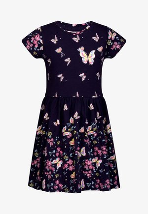 Vestito a maniche corte blu navy con gonna arricciata, decorato con fiori rosa e farfalle multicolori su tutta la superficie.