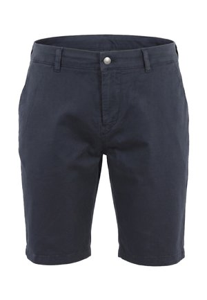 Shorts en coton bleu marine pour homme avec bouton sur le devant, braguette zippée, passants pour ceinture et poches latérales, style décontracté jusqu'au genou.