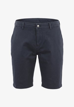 Shorts en coton bleu marine pour homme avec bouton sur le devant, braguette zippée, passants pour ceinture et poches latérales, style décontracté jusqu'au genou.