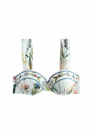 Biely vystužený podprsenka so širokými ramienkami, s farebným kvetinovým a listovým vzorom a modrými zakrivenými čiarami.