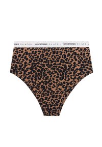 Culotte taille haute en imprimé léopard dans une palette de couleurs beige et noir. Dotée d'une ceinture élastique blanche avec un texte de marque. Matériau en coton doux.